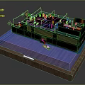 Detailed Scale Model Display With Black Structure Blue Base Wooden Frame And People Figures