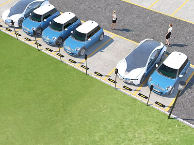 Electric Blue Cars Parked In Charging Lot With People Standing Nearby 3d model