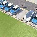 Electric Blue Cars Parked In Charging Lot With People Standing Nearby