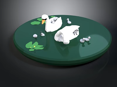 Swan Family On Green Circular Platform With Lotus Leaves And Cygnets 3d model