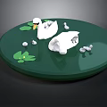 Swan Family On Green Circular Platform With Lotus Leaves And Cygnets