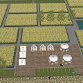 Rural Countryside Landscape With Golden Rice Fields Blue Sky White Clouds Trees And Patio Area