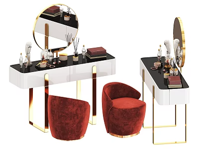 Elegant Modern Dressing Table With Round Mirror White Gold Frame And Red Velvet Stool 3d model