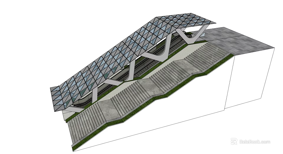 Modern Outdoor Staircase With Glass Canopy Concrete Steps And Greenery 3d model 