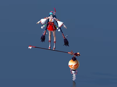 Game Movie Character with Blue Hair Red Blue Outfit Standing on Balance Pole Above Orange Sphere 3d model