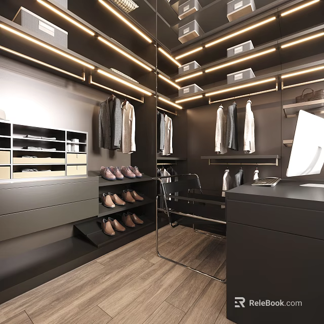 Modern Walk In Closet With Hanging Clothes Shoe Storage Drawers Mirror And LED Lighting 3d model 