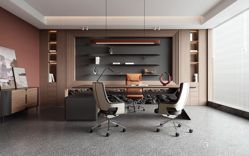 Modern Office Interior Design With Wooden Shelves Hanging Lights Leather Chair And Desk 3d model 