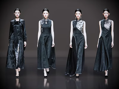 Women in elegant black cheongsam walking on fashion runway with exquisite patterns 3d model