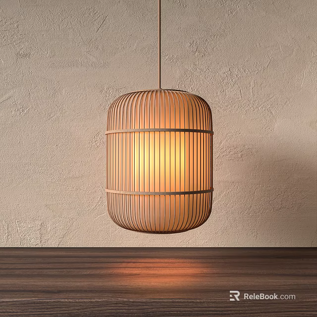 Bamboo Hanging Lantern With Warm Glow Against Textured Wall And Wood Surface 3d model 