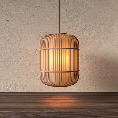 Bamboo Hanging Lantern With Warm Glow Against Textured Wall And Wood Surface 3d model