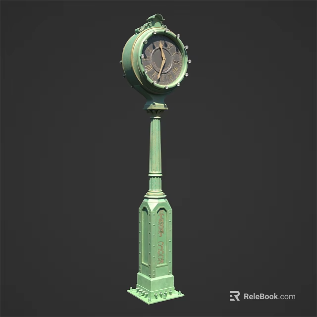 Public Green Pillar Clock With Ornamental Design And Classic Outdoor Style 3d model 