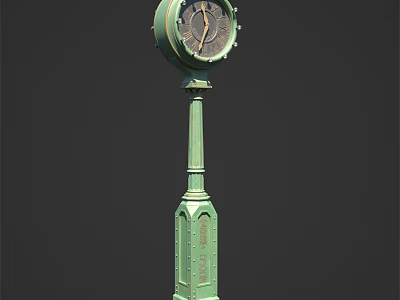 Public Green Pillar Clock With Ornamental Design And Classic Outdoor Style 3d model