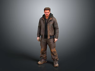 Man Wearing Brown Leather Jacket Black Hoodie And Dirty Work Pants Standing Against Gray Background 3d model