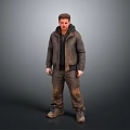 Man Wearing Brown Leather Jacket Black Hoodie And Dirty Work Pants Standing Against Gray Background