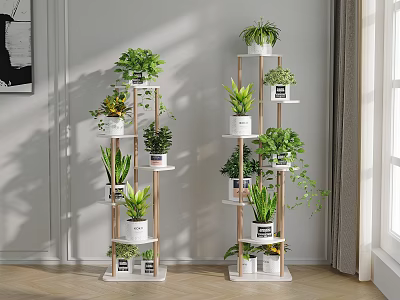 Decorative Indoor Plant Stands With Multiple Tiers And Green Potted Plants 3d model