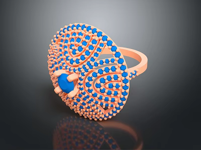 Elegant Orange Metal Ring With Blue Gemstone Center And Decorative Blue Stones 3d model
