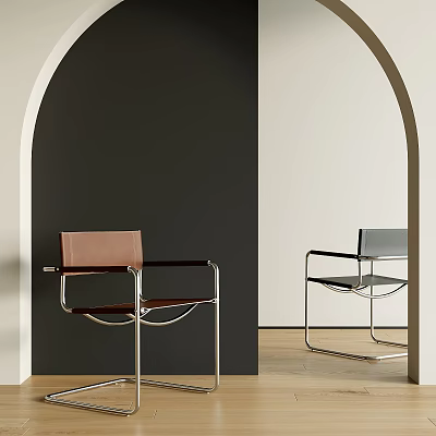 Modern Brown Gray Dining Chairs With Metal Frame Arched Doorway Dark Light Walls Wooden Floor 3d model