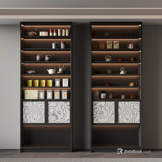 Modern Tea Cabinet With LED Lighting Shelves For Teapots Tea Canisters And Storage 3d model 