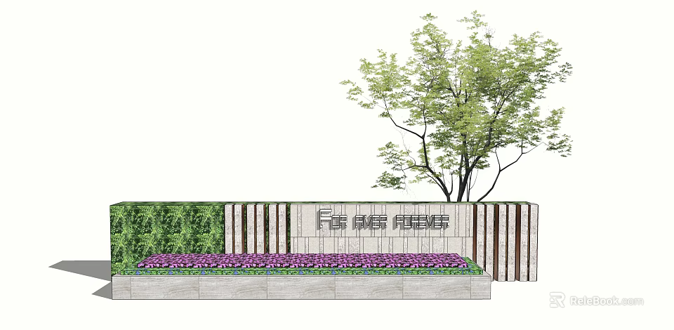 Landscape Feature Wall with Greenery Coverage Purple Flower Bed and Wooden Accents 3d model 