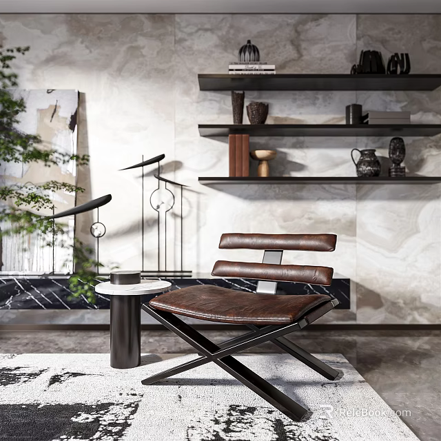 Brown Leather Leisure Chair X Shaped Legs with Side Table Green Plant and Marble Wall 3d model 