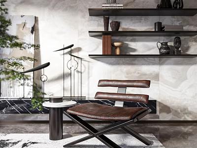 Brown Leather Leisure Chair X Shaped Legs with Side Table Green Plant and Marble Wall 3d model