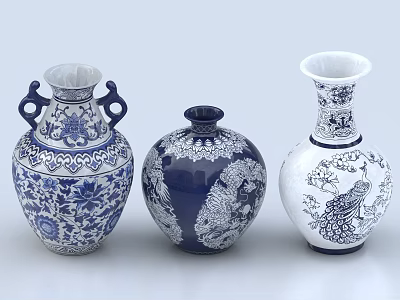 Three Blue and White Ceramic Vessels with Traditional Floral Patterns and Unique Shapes 3d model