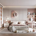 Soft Tones Kids Room Interior With Bed Stuffed Toy Round Mirror And Bookshelf Desk