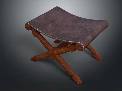 Leather Stool With White Stitching And Crossed Wooden Legs Design 3d model