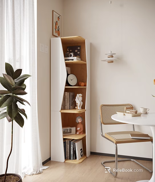 Modern Wooden Bookshelf With Decorative Items Books And Green Plant In Cozy Interior 3d model 