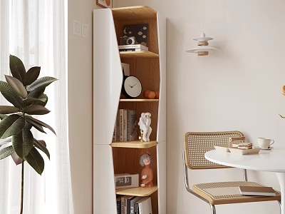 Modern Wooden Bookshelf With Decorative Items Books And Green Plant In Cozy Interior 3d model
