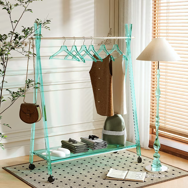 Modern Transparent Clothes Rack For Clothing Organization With Hanging Apparel Green Bin And Folded Garments 3d model 