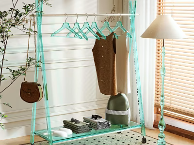 Modern Transparent Clothes Rack For Clothing Organization With Hanging Apparel Green Bin And Folded Garments 3d model