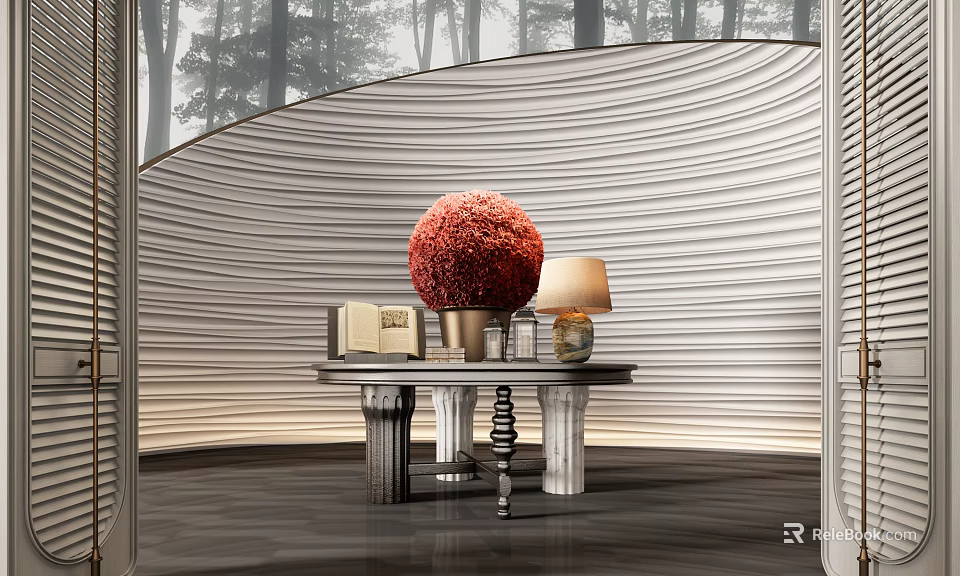 Elegant Modern Console Table Interior Design With Red Decorative Ball Lamp Books And Striped Wall 3d model 