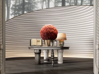 Elegant Modern Console Table Interior Design With Red Decorative Ball Lamp Books And Striped Wall 3d model