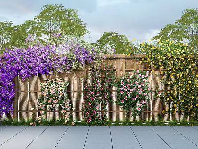 Climbing Vines Cover Bamboo Fence With Colorful Flowers In Garden Lush Trees And Stone Path 3d model