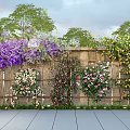 Climbing Vines Cover Bamboo Fence With Colorful Flowers In Garden Lush Trees And Stone Path