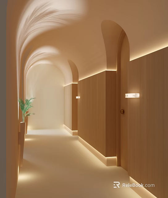 Modern Hotel Corridor Interior With Arched Design Soft Lighting Wooden Walls And Green Plant 3d model 