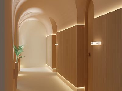 Modern Hotel Corridor Interior With Arched Design Soft Lighting Wooden Walls And Green Plant 3d model