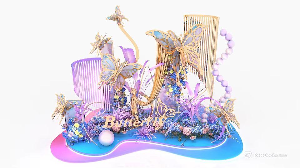 Floral Art Installation Featuring Golden Butterflies Purple Blue Flowers Beaded Accents and Gradient Decorative Base 3d model 