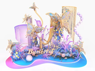 Floral Art Installation Featuring Golden Butterflies Purple Blue Flowers Beaded Accents and Gradient Decorative Base 3d model
