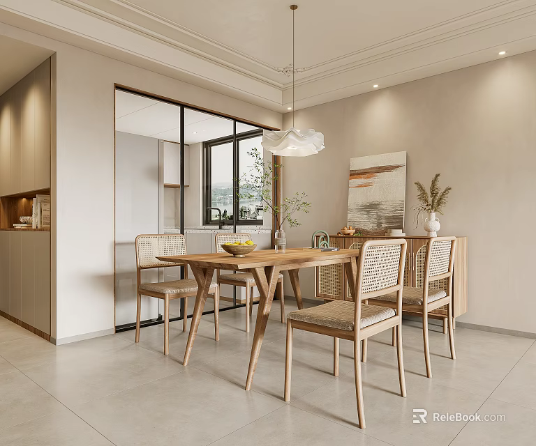 Minimalist Restaurant Interior With Wooden Dining Table Chairs Hanging Lamp And Decorative Plants 3d model 