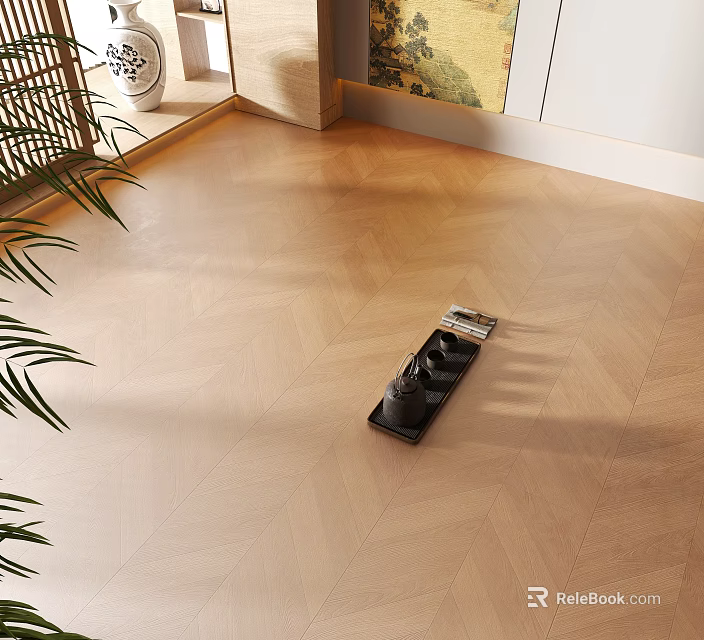 Light Wood Herringbone Flooring With Natural Light And Palm Plant Near Vacuum Cleaner 3d model 