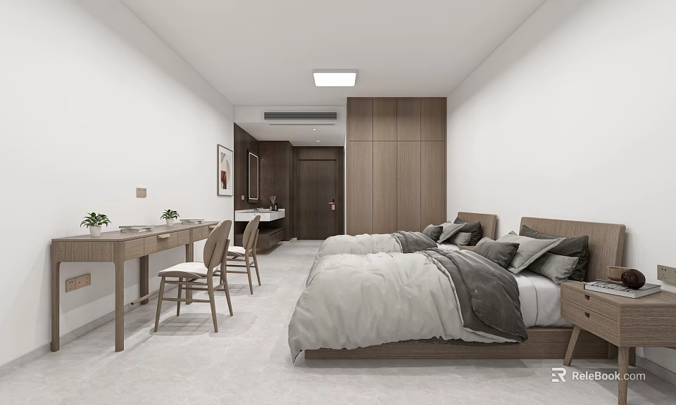 Modern Apartment Bedroom Interior With Bed Desk Chairs And Wooden Cabinets 3d model 