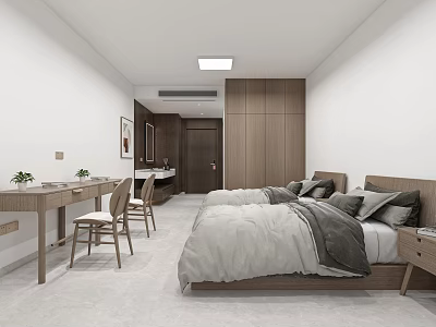Modern Apartment Bedroom Interior With Bed Desk Chairs And Wooden Cabinets 3d model