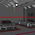 4S Store Garage Displaying Two Luxury Sports Cars With Ceiling Lights And Gray Walls