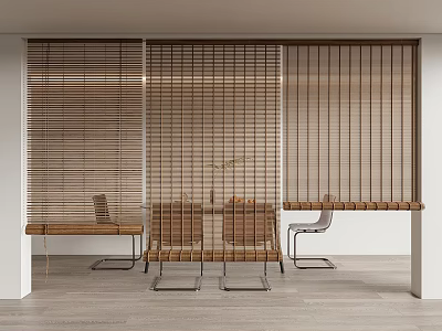 Wooden Slat Curtain in Contemporary Living Space with Dining Table and Chairs 3d model