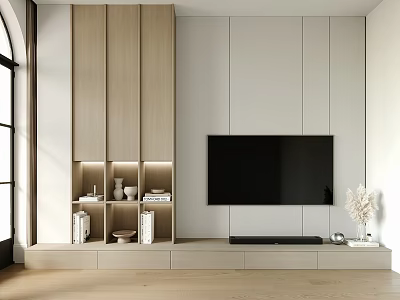 Modern TV Stand with Light Wood Finish Open Shelves and Decorative Accents Against White Walls 3d model
