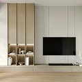 Modern TV Stand with Light Wood Finish Open Shelves and Decorative Accents Against White Walls