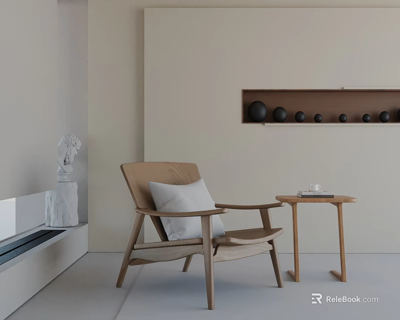 Modern Brown Leisure Chair with White Cushion and Wooden Side Table in Beige Room 3d model 