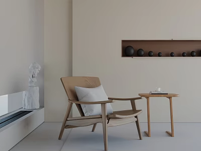Modern Brown Leisure Chair with White Cushion and Wooden Side Table in Beige Room 3d model